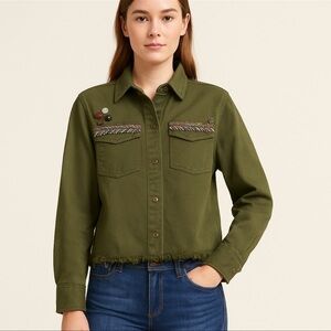 Beautiful Stories XS Olive Green Embroidered Utility Jacket Fringe Hem